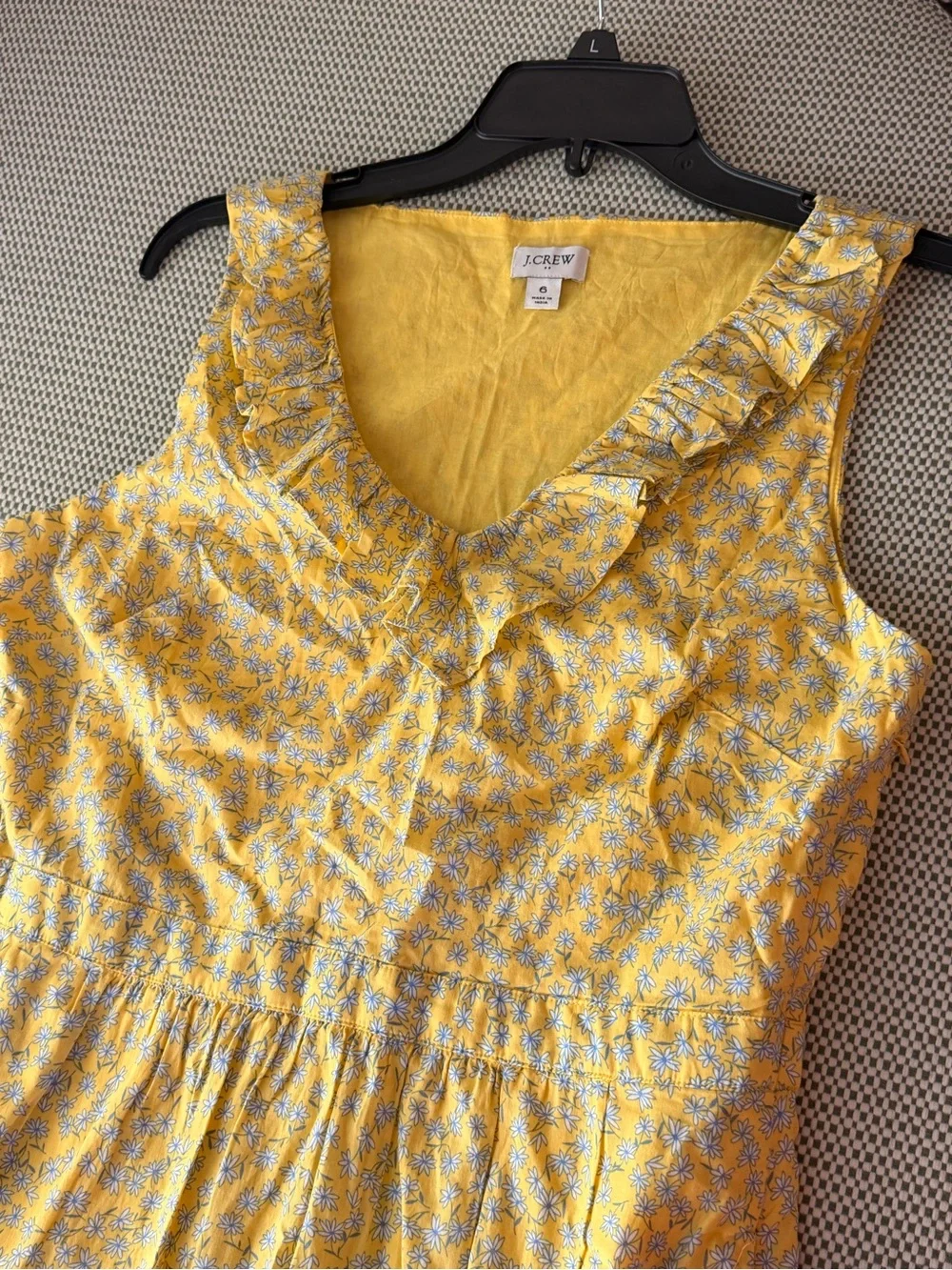 J. Crew Yellow Daisy Floral Ruffle Neck Sleeveless Dress size Small #110